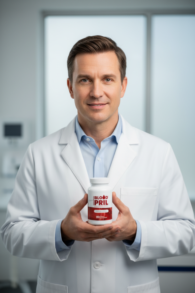 Physician pointing to BloodPril® as a natural, drug-free route to pressure balance